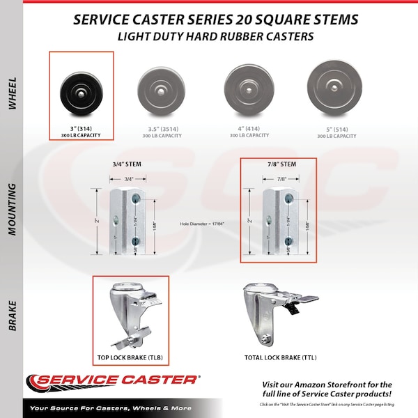 3 Inch Hard Rubber Wheel Swivel 7/8 Inch Square Stem Caster Brakes SCC, 2PK